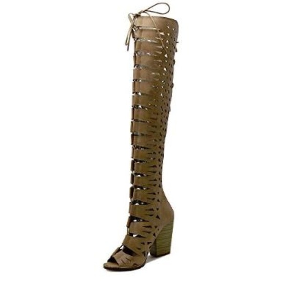 Tan Cutout Lace up Knee-high boots with Peep Toe - Picture 5 of 6